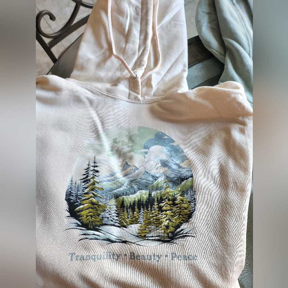 independent trading ultrasoft hoodie mountain scene, Tranquility, Beauty, Peace